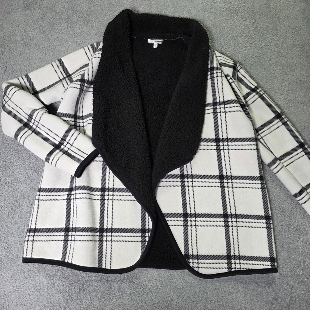 Sonoma Womens S Cardigan White Black Plaid Sherpa Shawl Collar Fleece Open Front